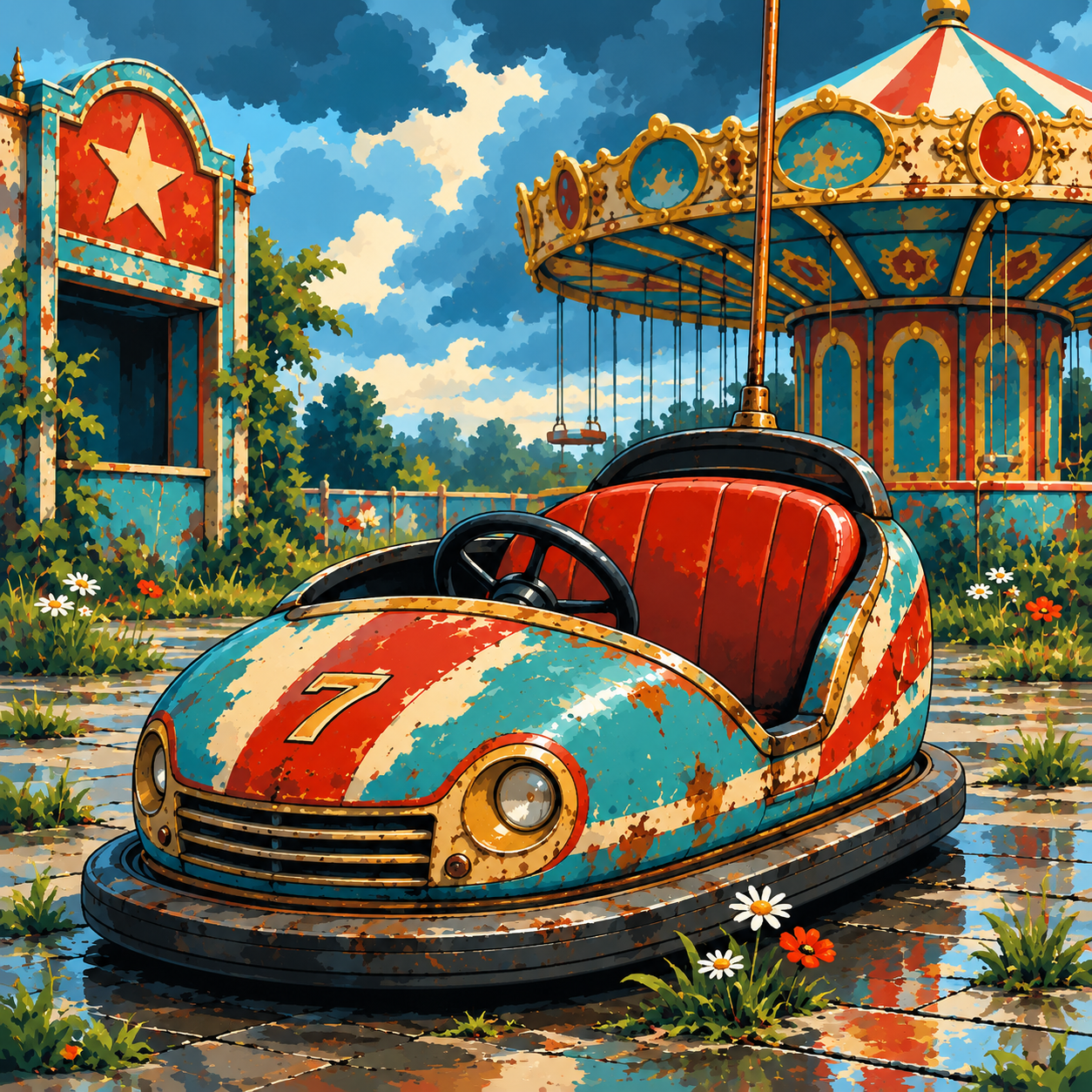 "Lost Place Autoscooter" / Diamond Painting Bild / 50x50cm / 80 Farben inkl. 10 Sonderfarben / PP026