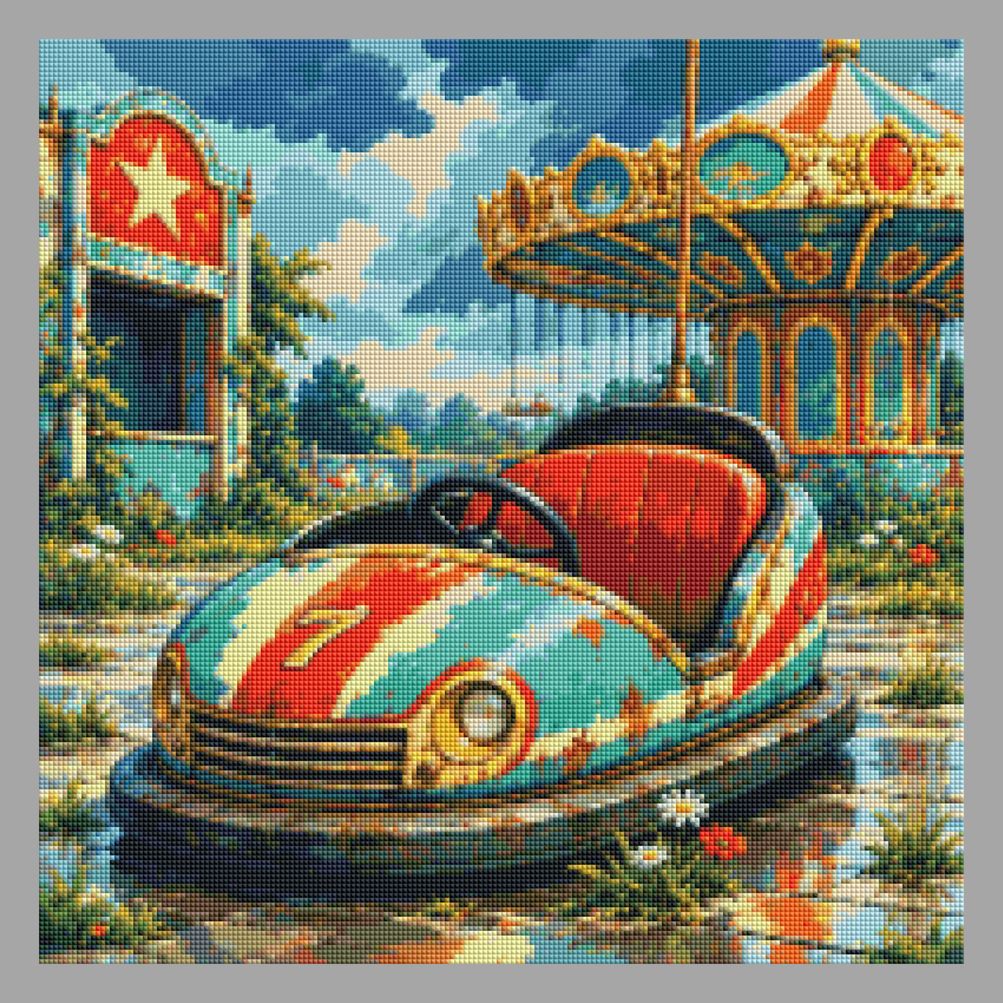 "Lost Place Autoscooter" / Diamond Painting Bild / 50x50cm / 80 Farben inkl. 10 Sonderfarben / PP026