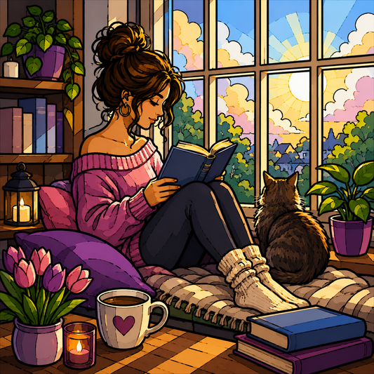 "Cat and Book" / Diamond Painting Bild / 50x50cm / 60 Farben inkl. 10 Sonderfarben / PP032
