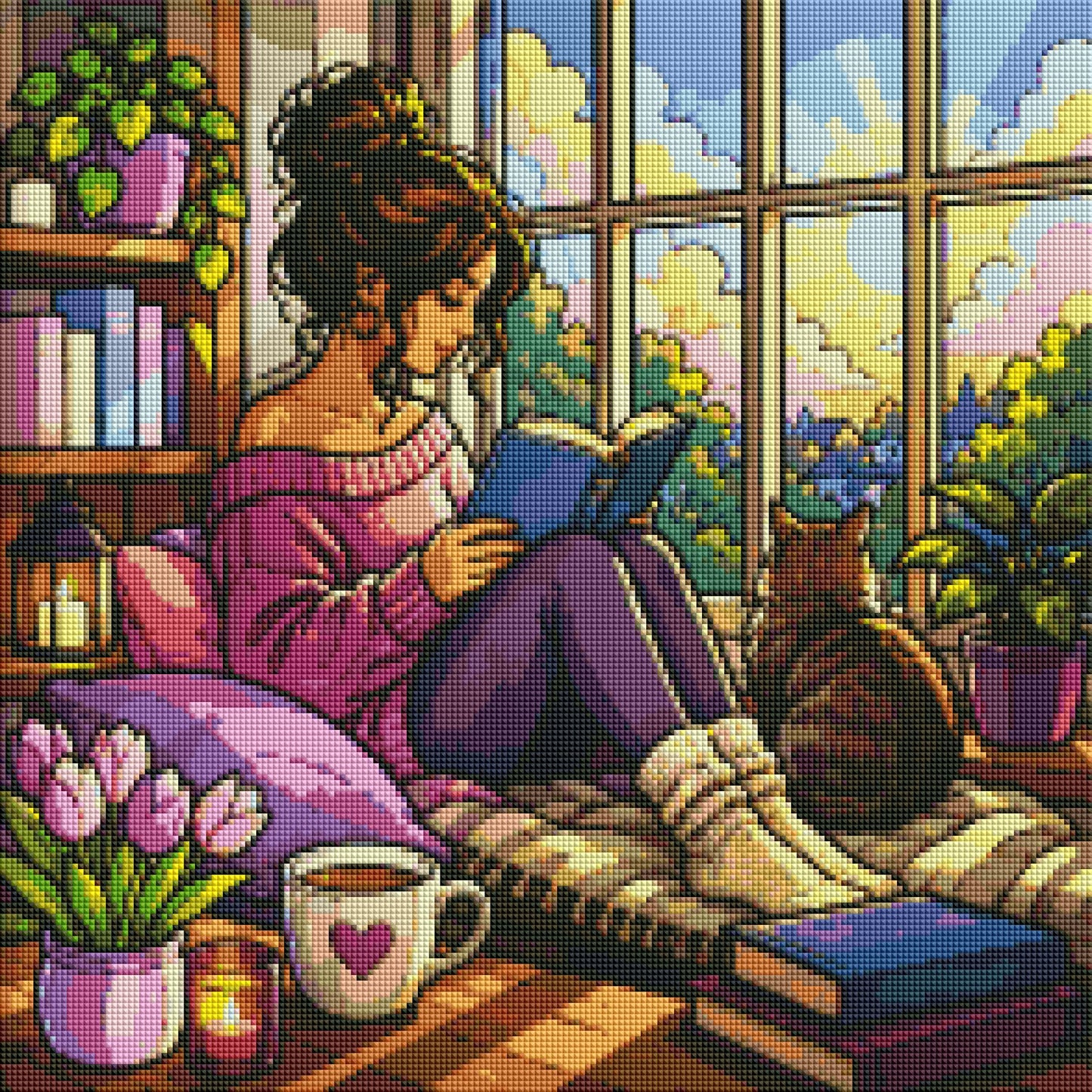 "Cat and Book" / Diamond Painting Bild / 50x50cm / 60 Farben inkl. 10 Sonderfarben / PP032