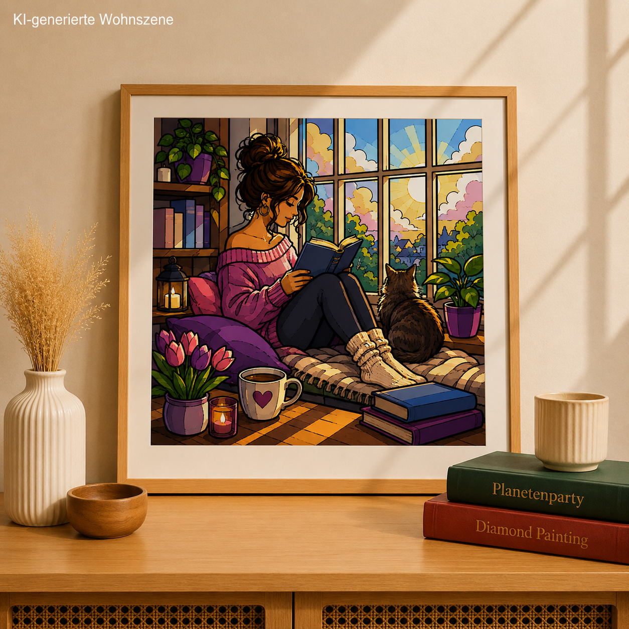 "Cat and Book" / Diamond Painting Bild / 50x50cm / 60 Farben inkl. 10 Sonderfarben / PP032